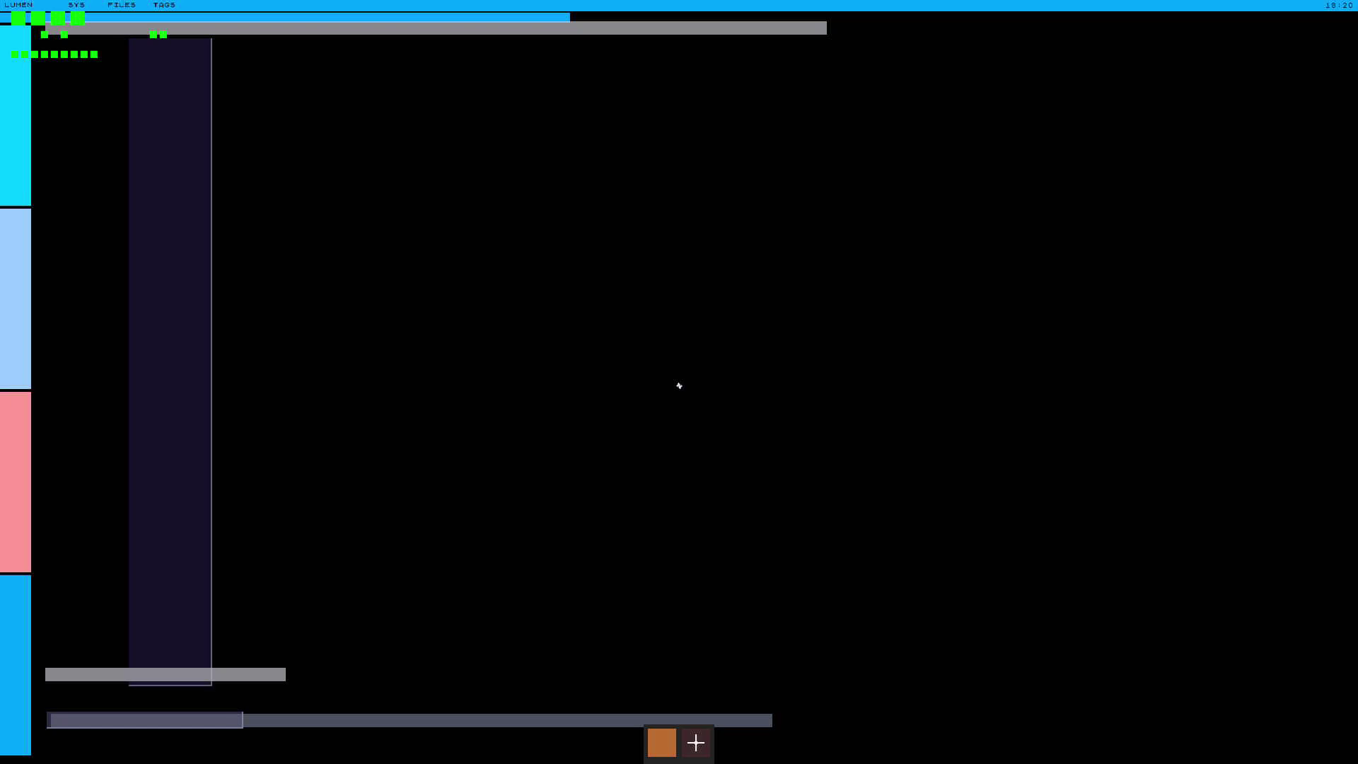 Live HDMI capture of the Pi 3B running Lumen: a cyan-themed menu bar, a colored tag rail, an open window, a dock with an add button, and a live cursor, on a mostly-unpainted canvas