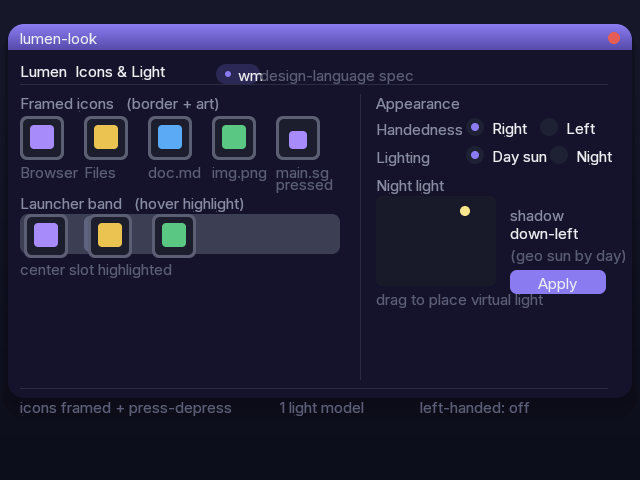 The Lumen Icons & Light control panel rendering on metal