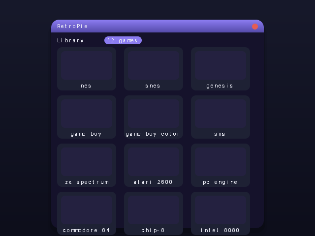 12-system card grid in the ROM library browser