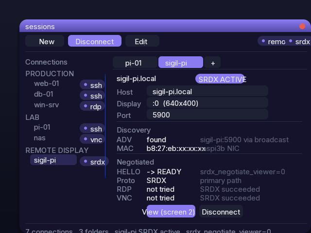Session Manager REMOTE DISPLAY folder — SRDX session type with protocol-chip hierarchy